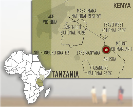Mapa que muestra la ubicación de lujo Kambi ya Tembo Tented Safari Camp en el oeste del Kilimanjaro en el norte de Tanzania