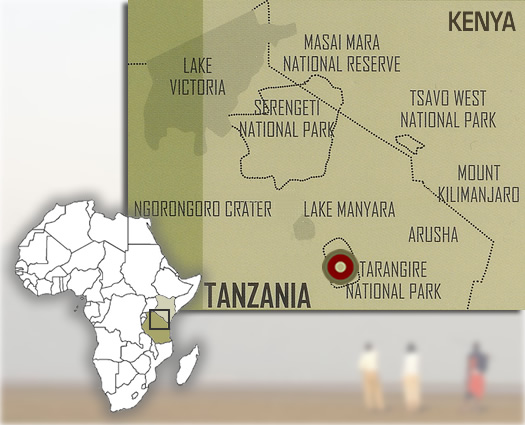 Mapa con la ubicación del lago de lujo Burunge Tented Safari Camp en el norte de Tanzania