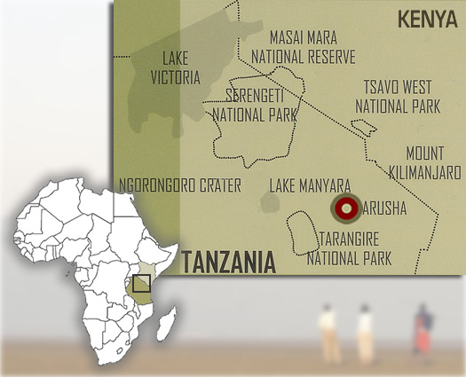 Map showing the location of Olasiti Lodge at Arusha in northern Tanzania